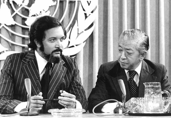 Sir James (left) at press briefing at the United Nations headquarters on September 21st 1976, after Seychelles was admitted to U.N. membership by the General Assembly